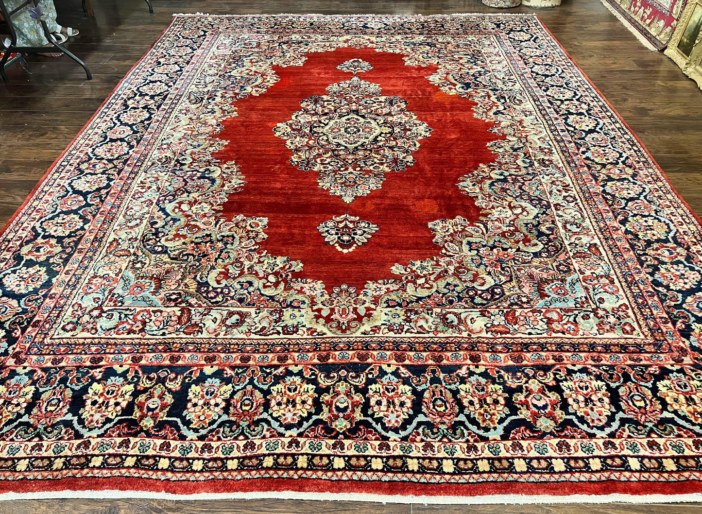 Persian Sarouk Rug 11x14, Semi Open Field, Large Antique Persian Wool Handmade Carpet, Red and Dark Blue, Floral - Nuvé