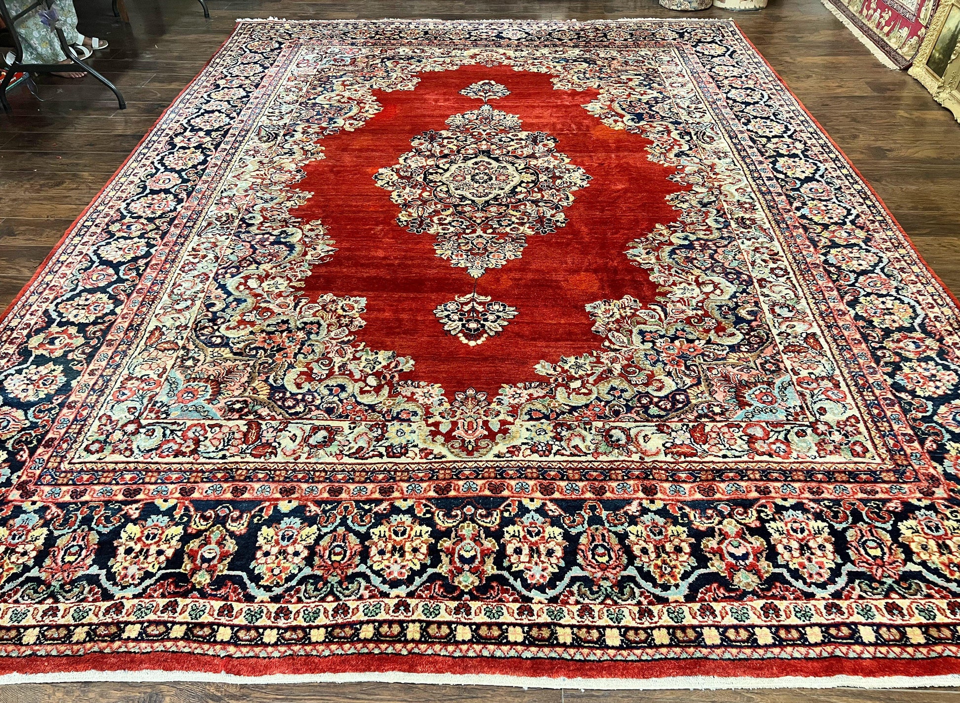 Persian Sarouk Rug 11x14, Semi Open Field, Large Antique Persian Wool Handmade Carpet, Red and Dark Blue, Floral - Nuvé