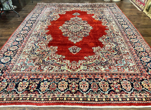 Persian Sarouk Rug 11x14, Semi Open Field, Large Antique Persian Wool Handmade Carpet, Red and Dark Blue, Floral - Nuvé
