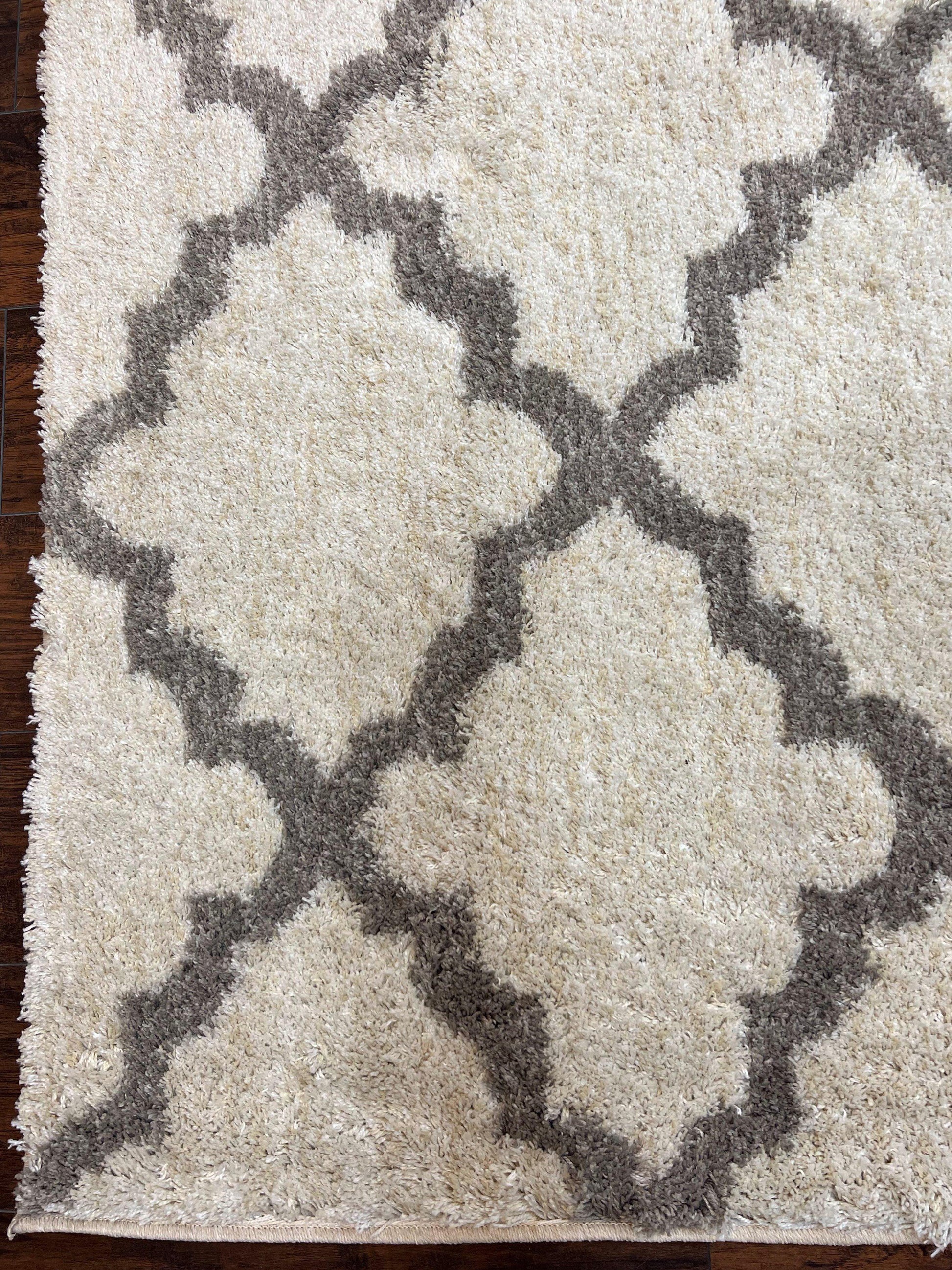 Modern Shag Rug, Ivory and Gray, Diamond Panel Design, Room Sized Area Rug - Nuvé