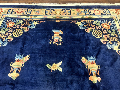 Chinese Wool Rug 8x11, Navy Blue and Beige, Simple Design, Fete Carpet - Nuvé