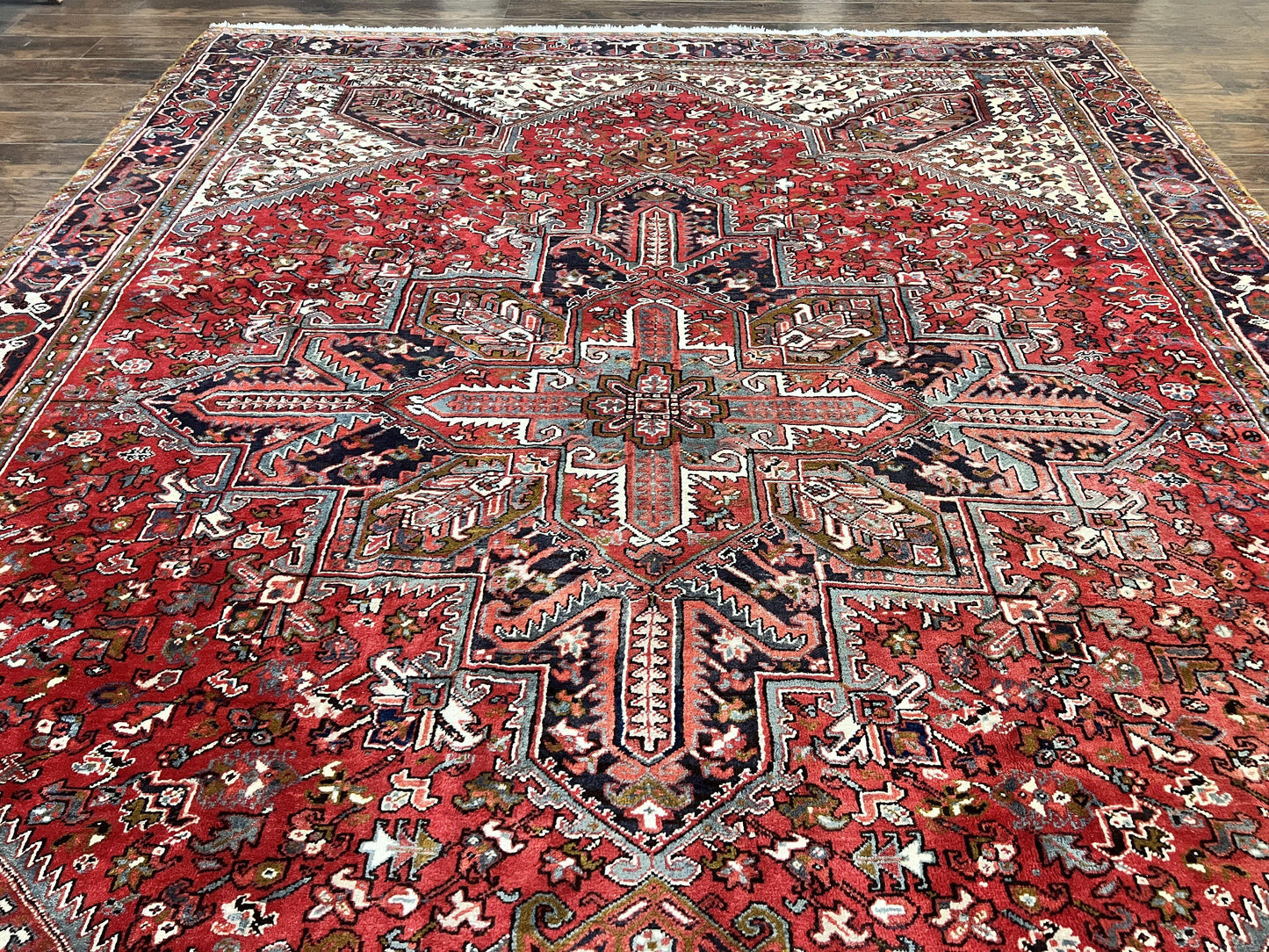 Large Persian Heriz Rug 10x13, Wool Hand Knotted Antique Carpet, Red and Ivory, Geometric Tribal Room Sized Rug, Decorative Oriental Rug - Nuvé