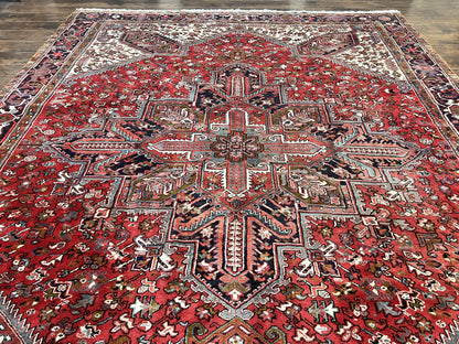 Large Persian Heriz Rug 10x13, Wool Hand Knotted Antique Carpet, Red and Ivory, Geometric Tribal Room Sized Rug, Decorative Oriental Rug - Nuvé