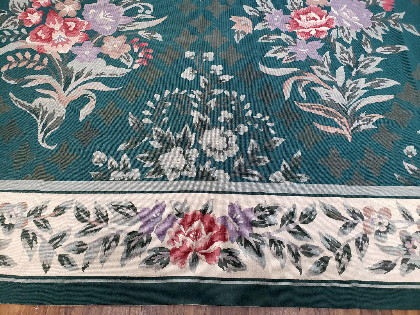Chinese Needlepoint Rug 8x10, Vintage Green Area Rug, Hand-Woven Flatweave Floral European Design Carpet Wool Handmade 8x 10 Living Room Rug - Nuvé
