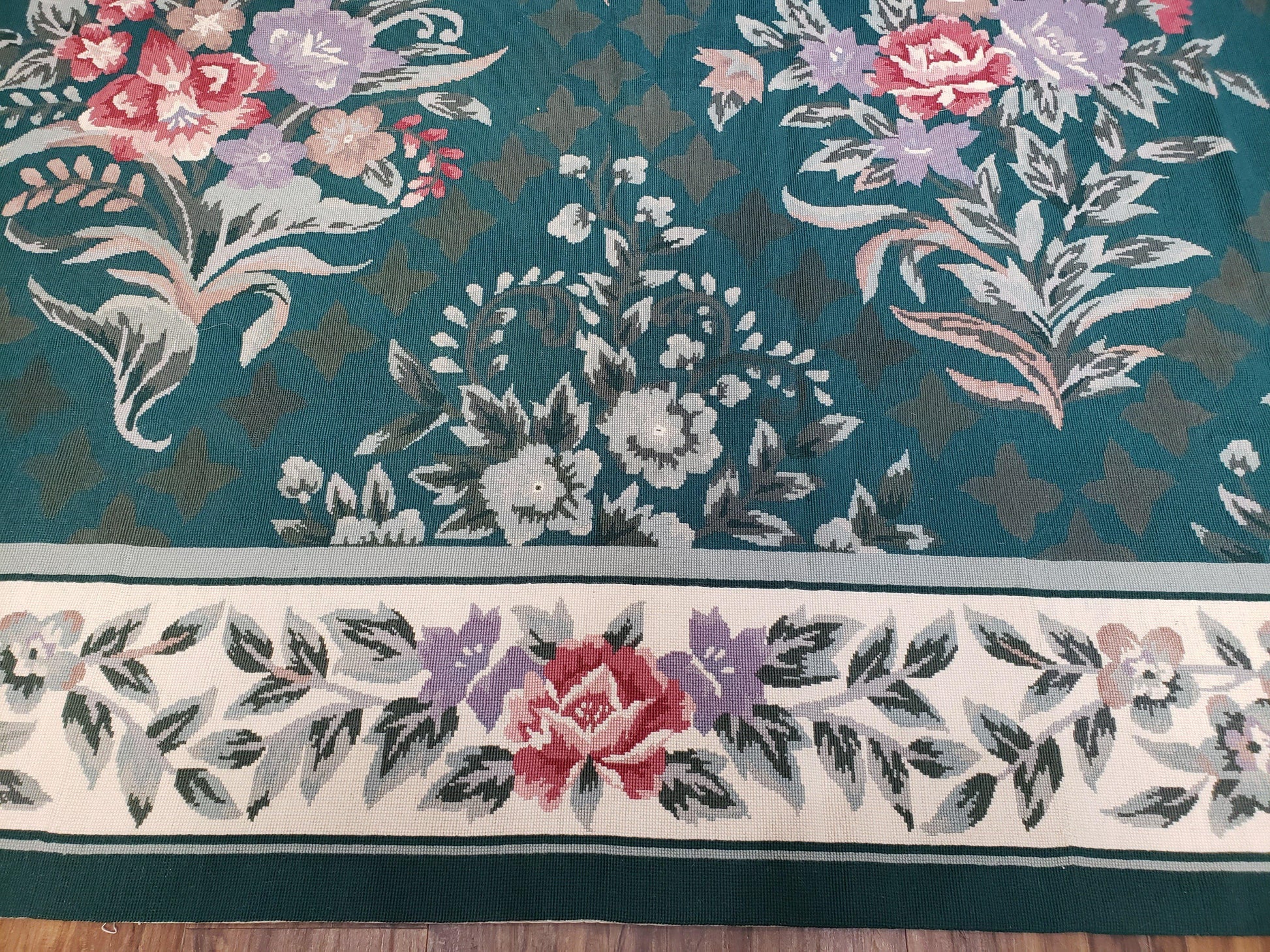 Chinese Needlepoint Rug 8x10, Vintage Green Area Rug, Hand-Woven Flatweave Floral European Design Carpet Wool Handmade 8x 10 Living Room Rug - Nuvé