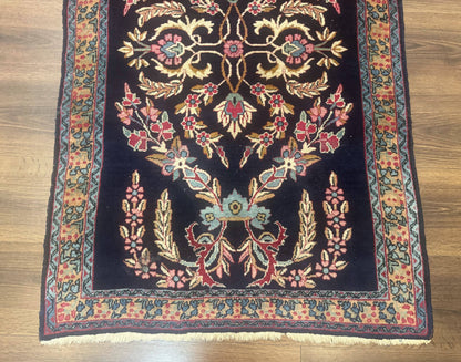 Antique Persian Kerman Rug 2.8 x 4, Navy Blue, Floral