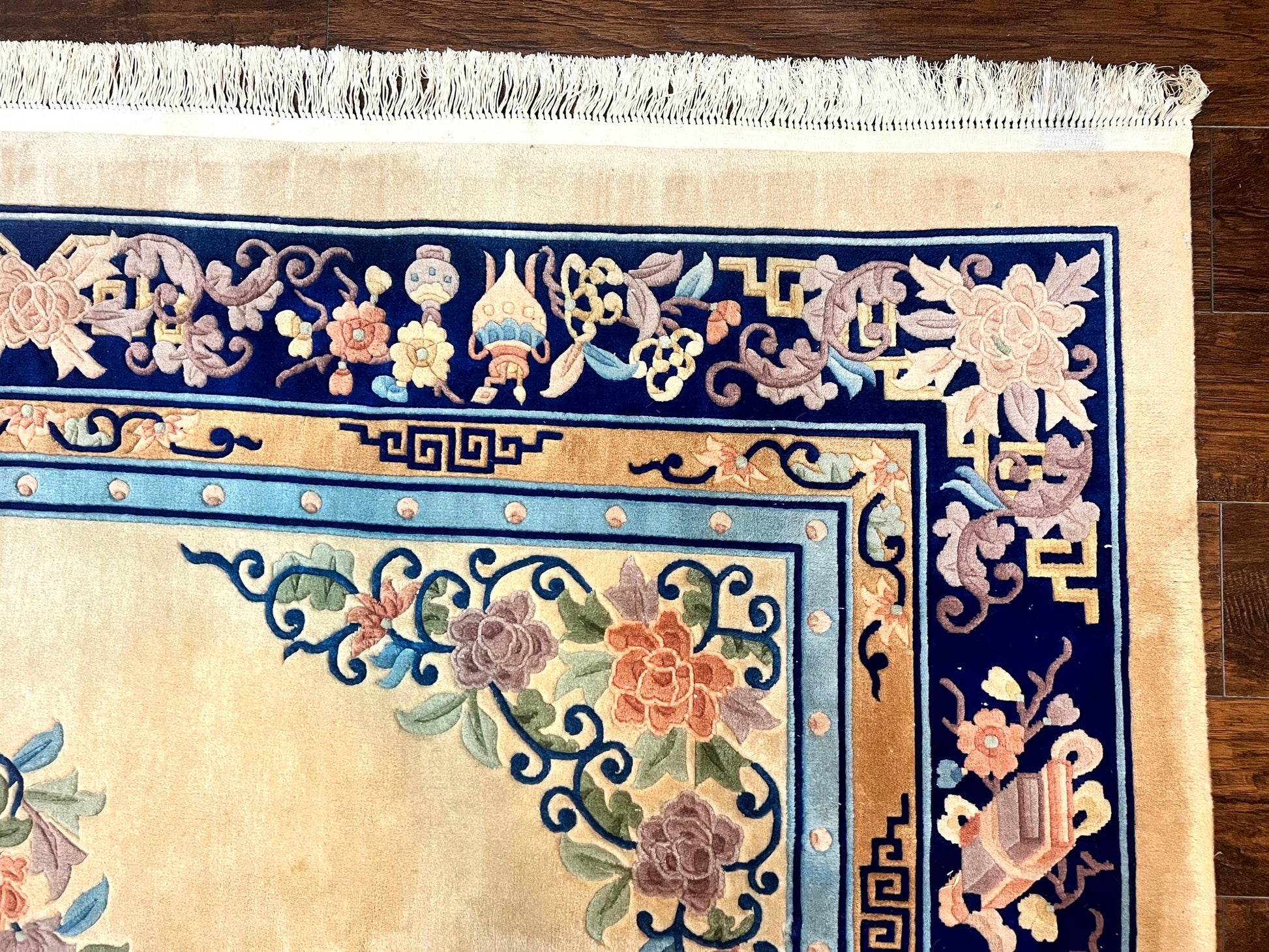 Chinese Wool Rug 8x11, Peking Asian Oriental Carpet, Cream/Ivory and Blue, Vintage Handmade Rug, Art Deco Rug - Nuvé