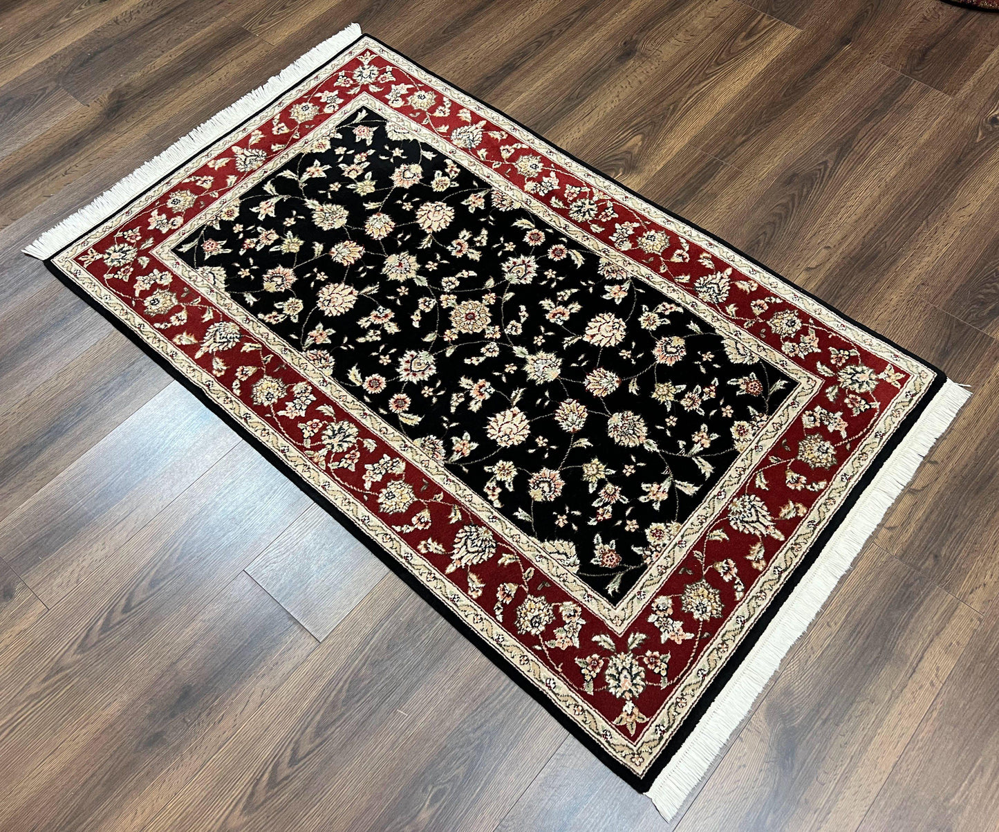 Pak Persian Rug 3x5, Black and Red, Floral Allover, Vintage Hand Knotted Wool Oriental Carpet, Pakistani Rug, Small Handmade Area Rug 3 x 5 - Nuvé