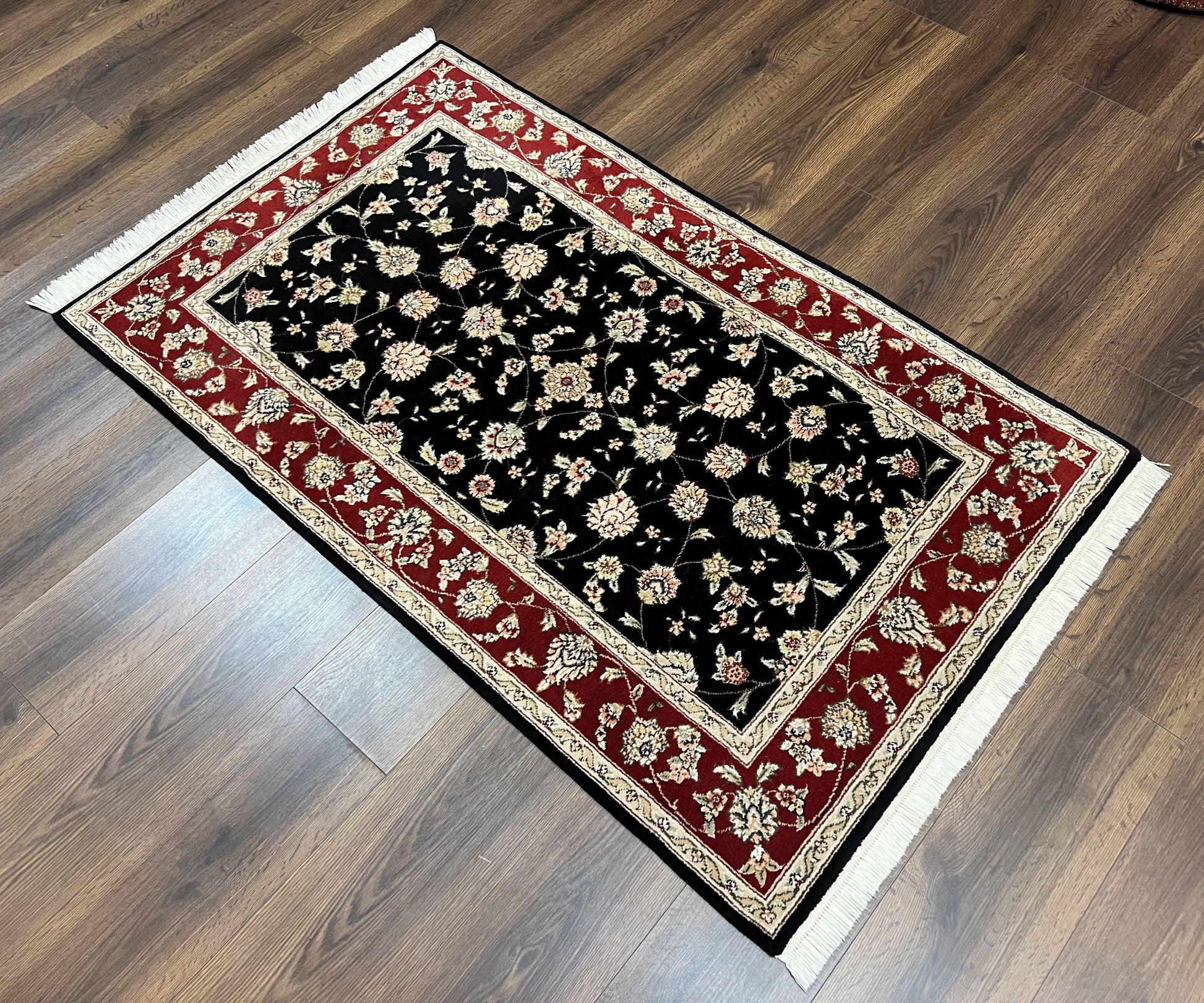 Pak Persian Rug 3x5, Black and Red, Floral Allover, Vintage Hand Knotted Wool Oriental Carpet, Pakistani Rug, Small Handmade Area Rug 3 x 5 - Nuvé