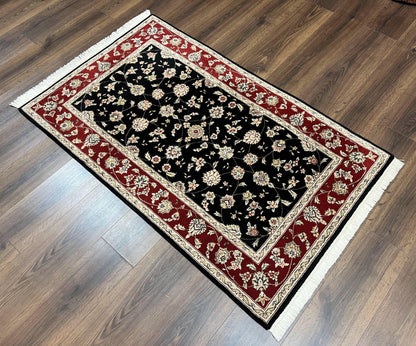 Pak Persian Rug 3x5, Black and Red, Floral Allover, Vintage Hand Knotted Wool Oriental Carpet, Pakistani Rug, Small Handmade Area Rug 3 x 5 - Nuvé