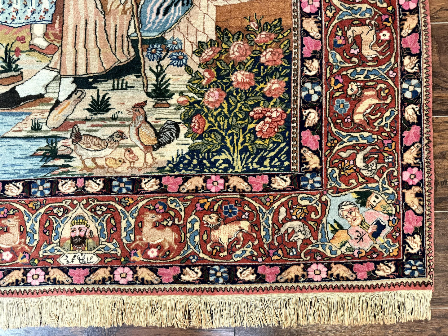 Wonderful Persian Kashan Pictorial Rug 4.7 x 6.5, Persian Rug for Wall Hanging, Handmade Antique Wool Carpet Animal Motifs Poetry Lovers, 240 KPSI - Nuvé