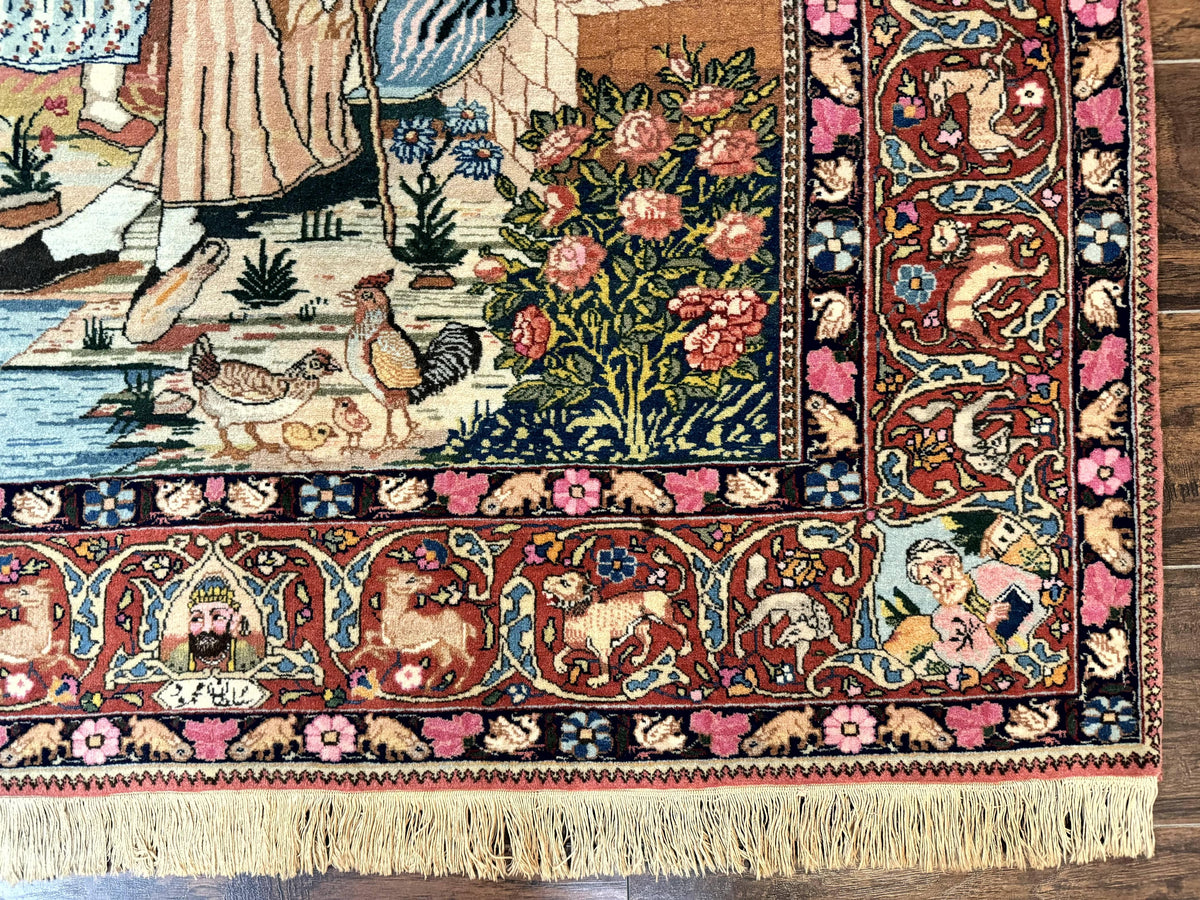 Wonderful Persian Kashan Pictorial Rug 4.7 x 6.5, Persian Rug for Wall Hanging, Handmade Antique Wool Carpet Animal Motifs Poetry Lovers, 240 KPSI