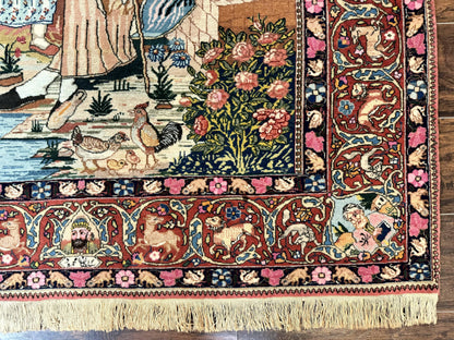 Wonderful Persian Kashan Pictorial Rug 4.7 x 6.5, Persian Rug for Wall Hanging, Handmade Antique Wool Carpet Animal Motifs Poetry Lovers, 240 KPSI
