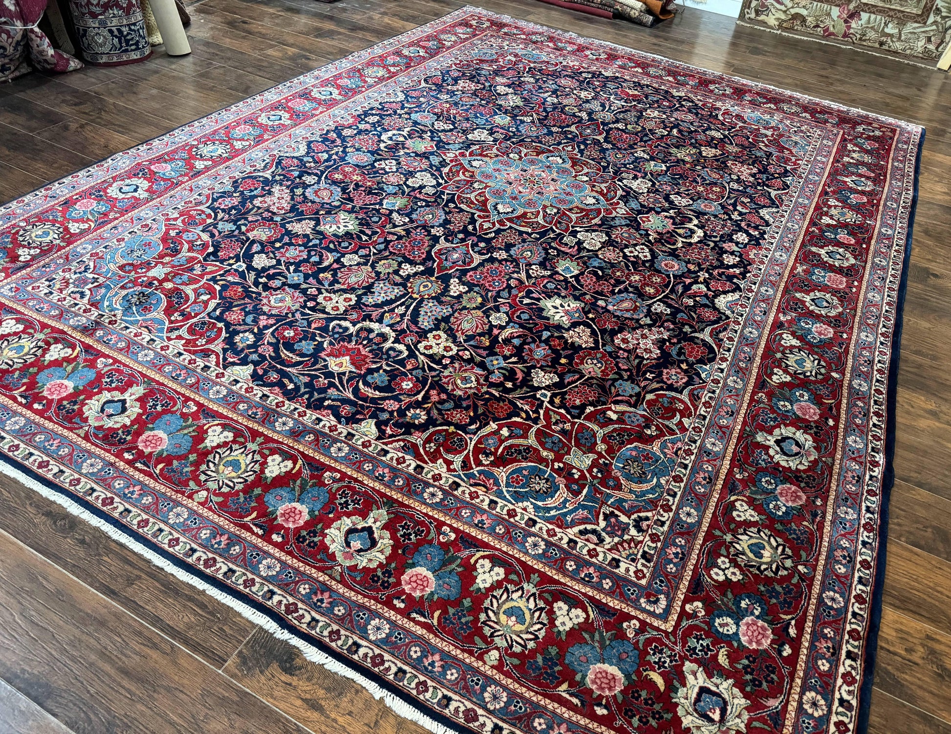 Navy Blue Persian Rug 9x12, Antique Persian Carpet, Kork Wool, 200 KPSI, Persian Kashan Rug - Nuvé