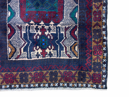 Three 5-foot vintage handmade tribal wool rugs with red and beige Balouchi Afghan designs, from Jewel Rugs.