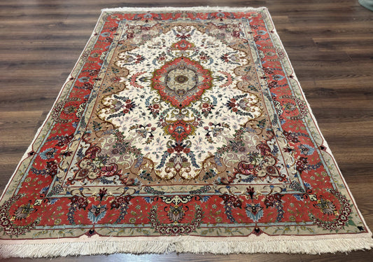 Wonderful Persian Tabriz Rug 5x7, Very Fine 440 KPSI, Ivory and Coral, Rare - Nuvé