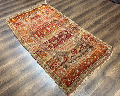 Antique Turkish Melas Rug 4x7, Tribal Geometric Unique Collectible Hand Knotted Wool Oriental Carpet, Rare 1920s Rug, Burnt Orange Red - Nuvé