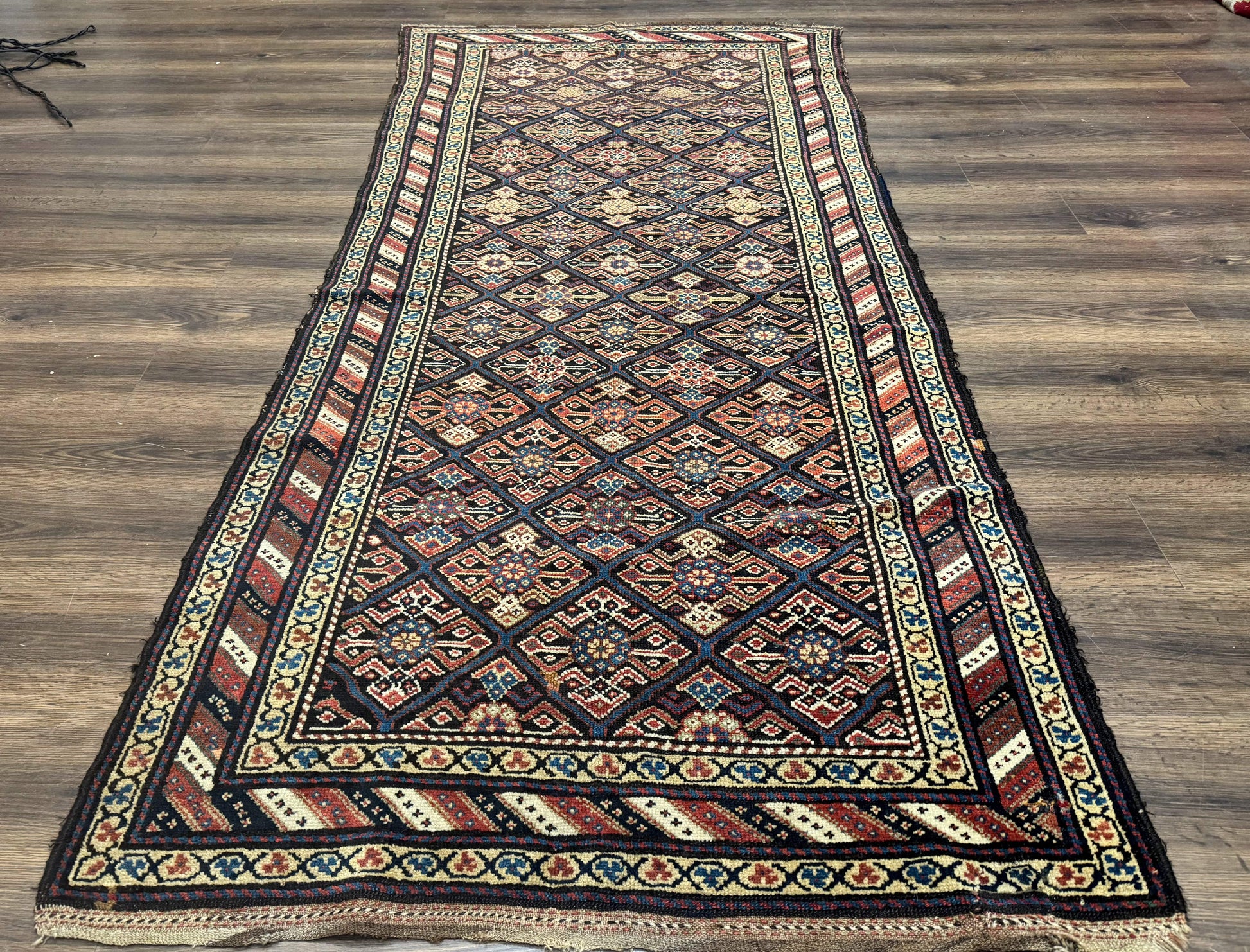 Antique Persian Wide Runner Rug 4x9, Kurdish Rug, Panel Design, Rainbow Border, Rare Tribal Rug - Nuvé