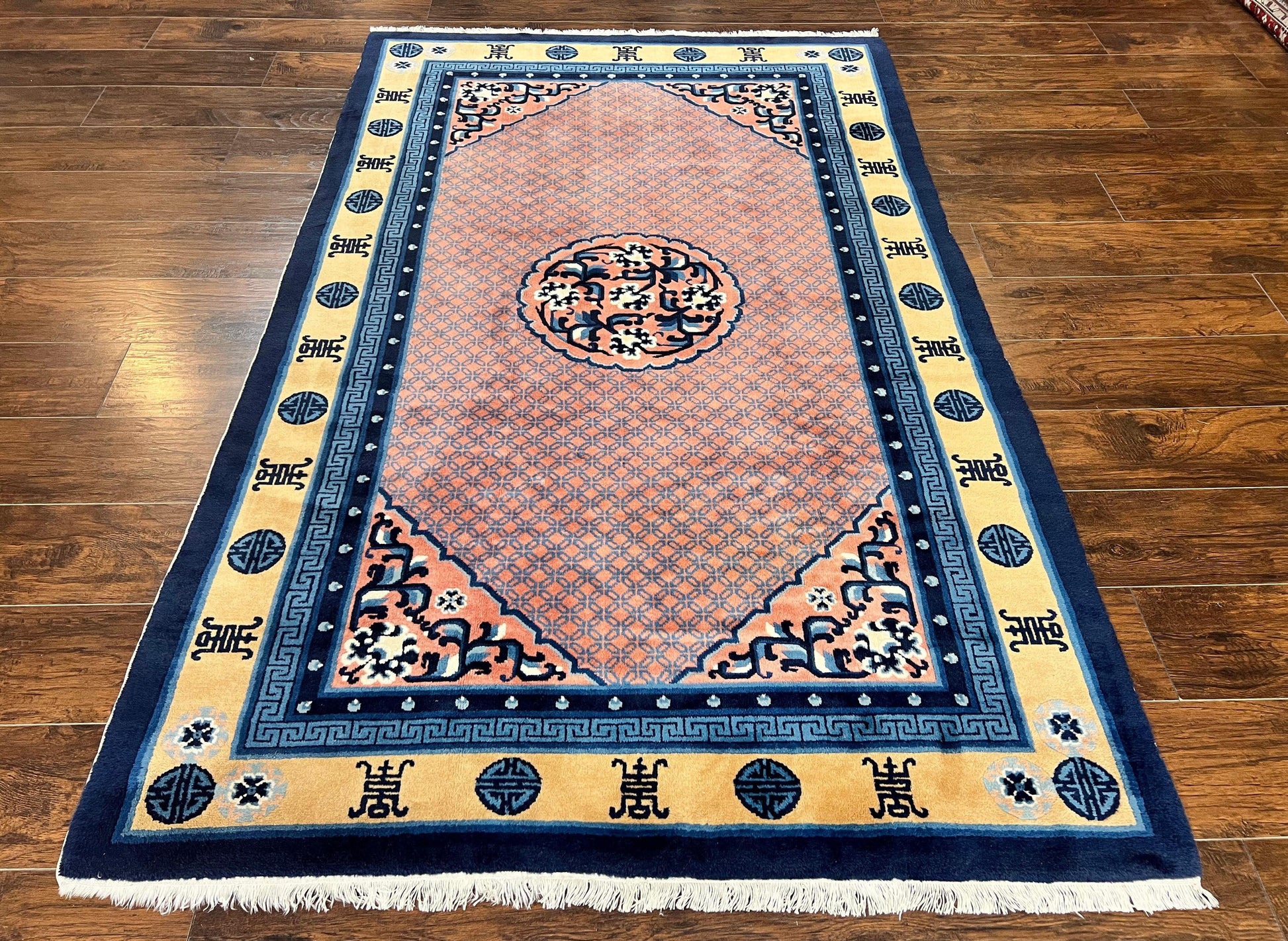 Chinese Peking Rug 5x8, Vintage Semi Antique Chinese Art Deco Carpet, Wool Pile Light Red/Salmon Gold Navy Blue, Handmade Asian Oriental Rug - Nuvé