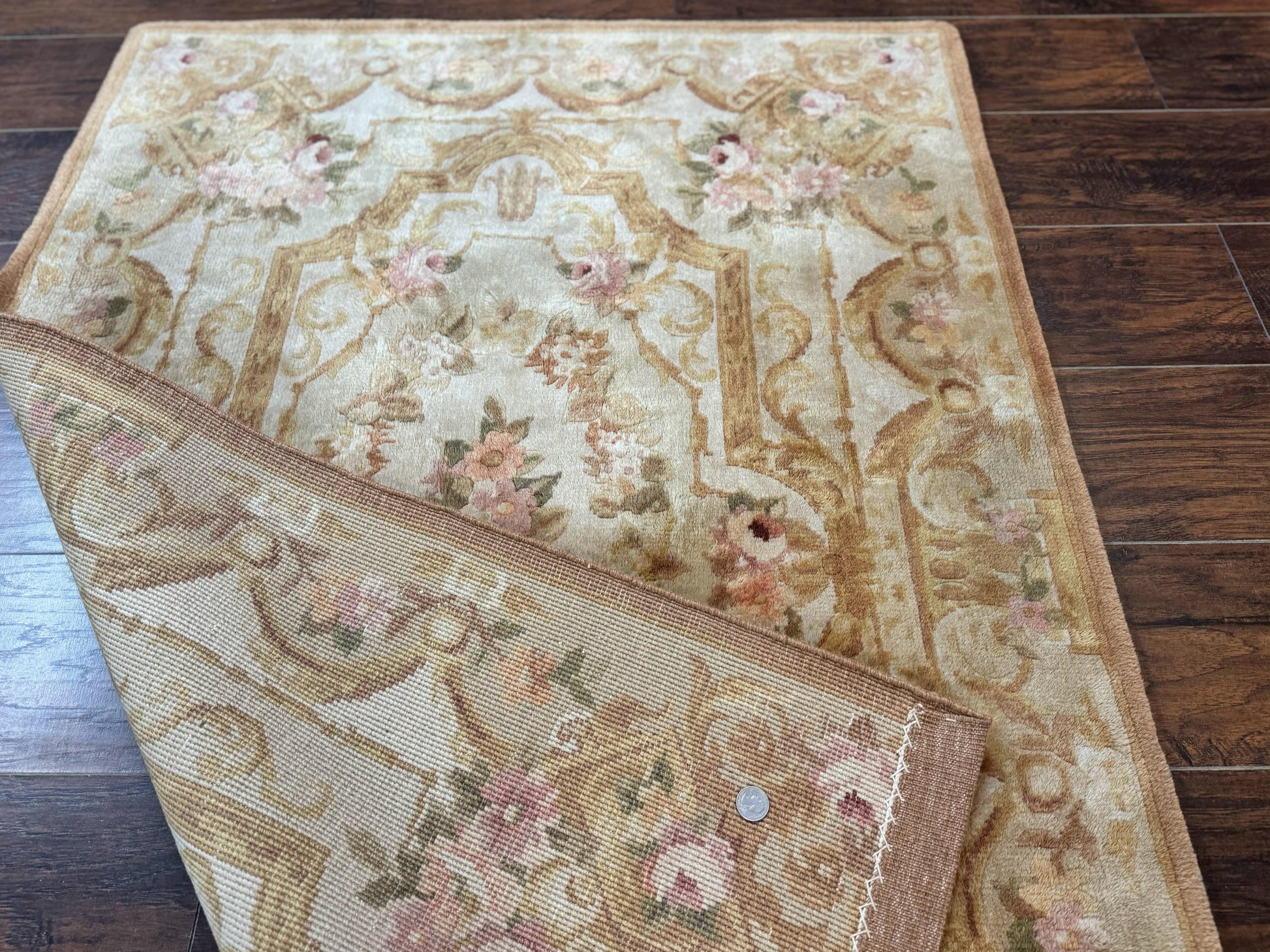 Chinese Aubusson Rug 3.6 x 5, Beige and Gold, Handmade Vintage Elegant European Design Carpet, Plush Wool, Handmade - Nuvé