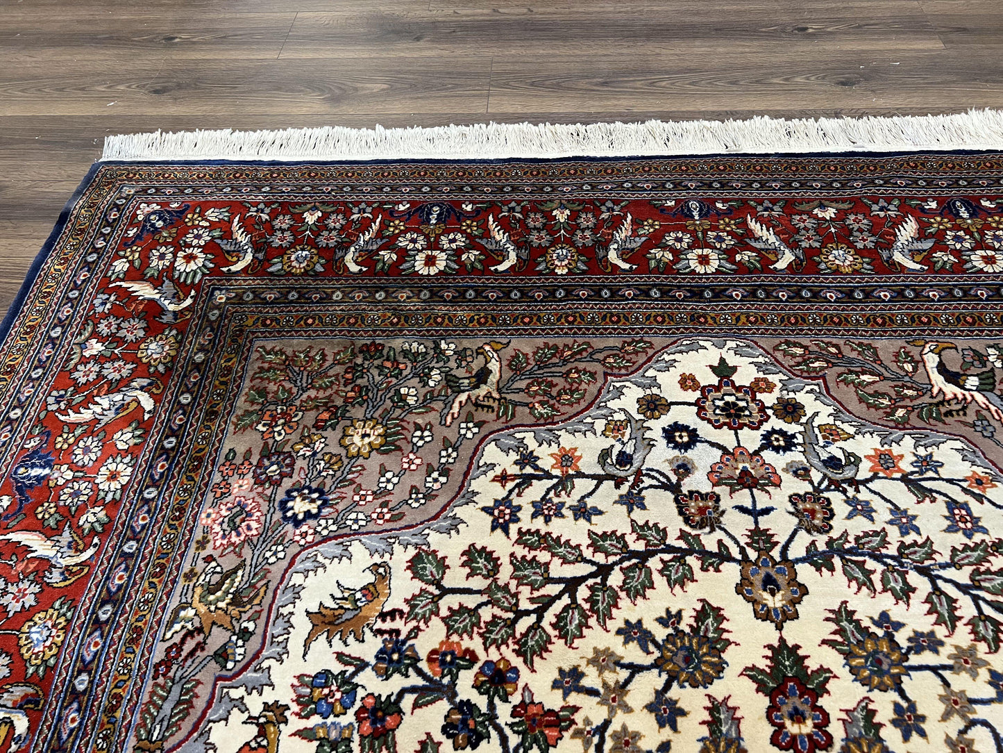 Beautiful Sino Persian Rug 7x10, Circle of Life Tree of Life Rug, Birds, Cream Red Navy Blue Taupe, Wool Silk Accents, Hand Knotted Vintage - Nuvé