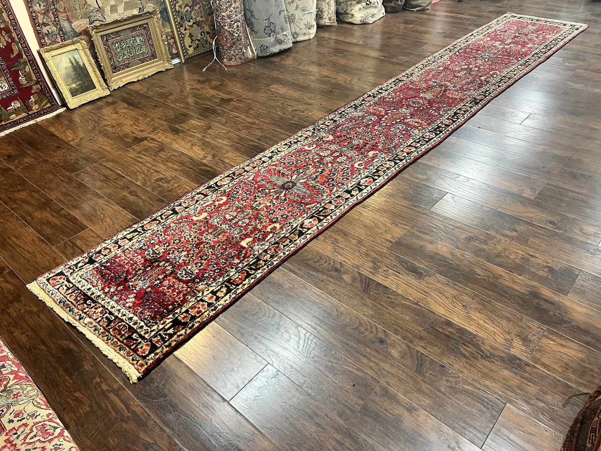 Antique Persian Runner Rug 2.9 x 17, Rare Sarouk Runner, Handmade Wool Rug for Hallway, Red, Floral - Nuvé