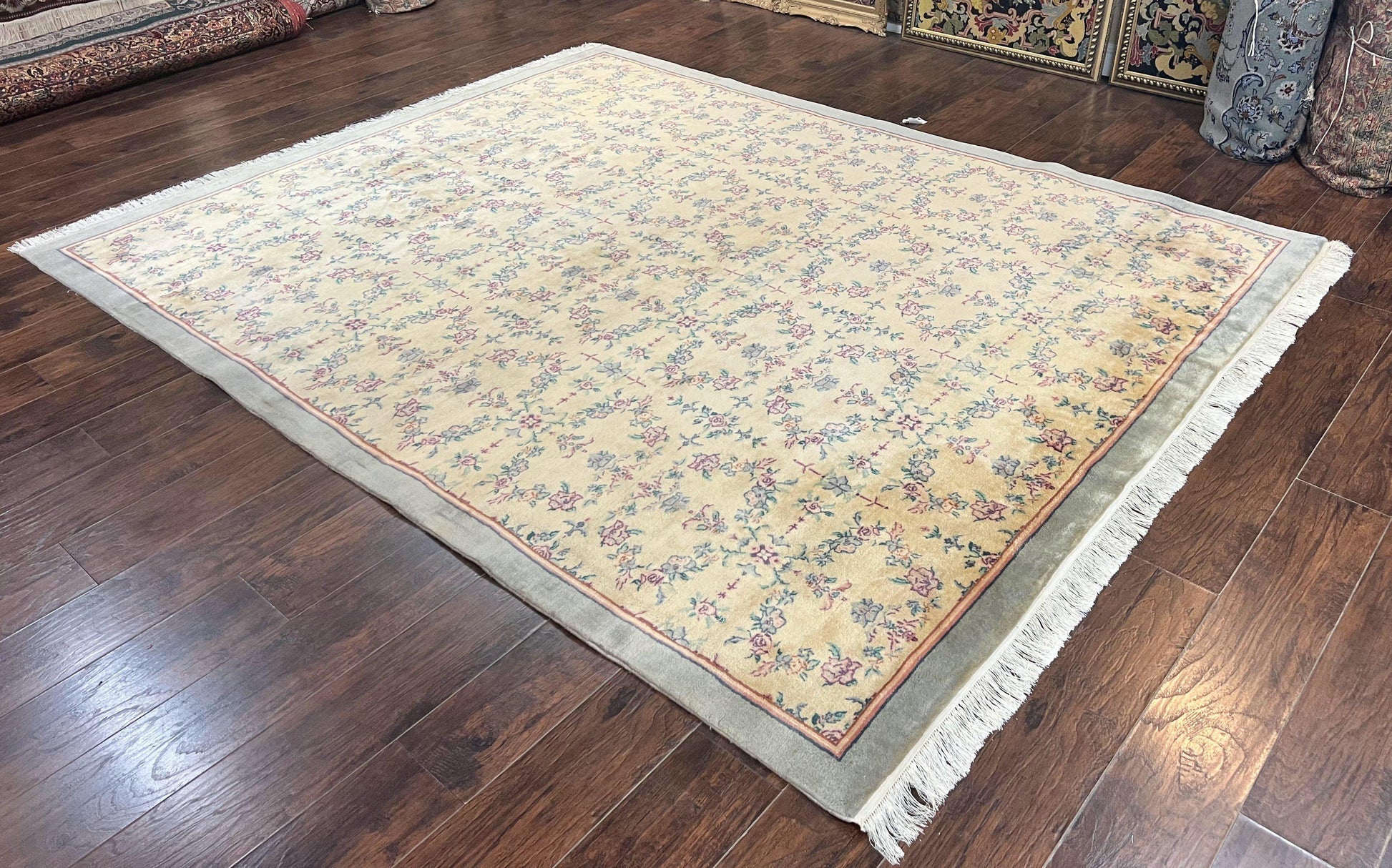 Sino Persian Rug 8x10, Floral, Oatmeal and Light Teal, Handmade Wool Vintage Carpet - Nuvé