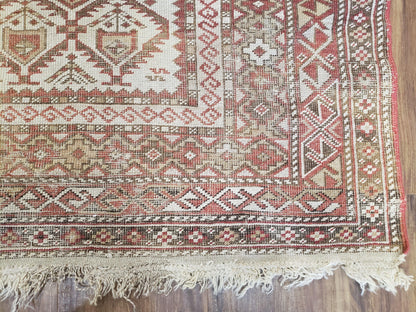 Antique Caucasian Shirvan Rug 4x6, Dagestan Area Rug, Wool Hand-Knotted Soft Red & Ivory 1920s Oriental Carpet, Soft Muted Colors - Nuvé