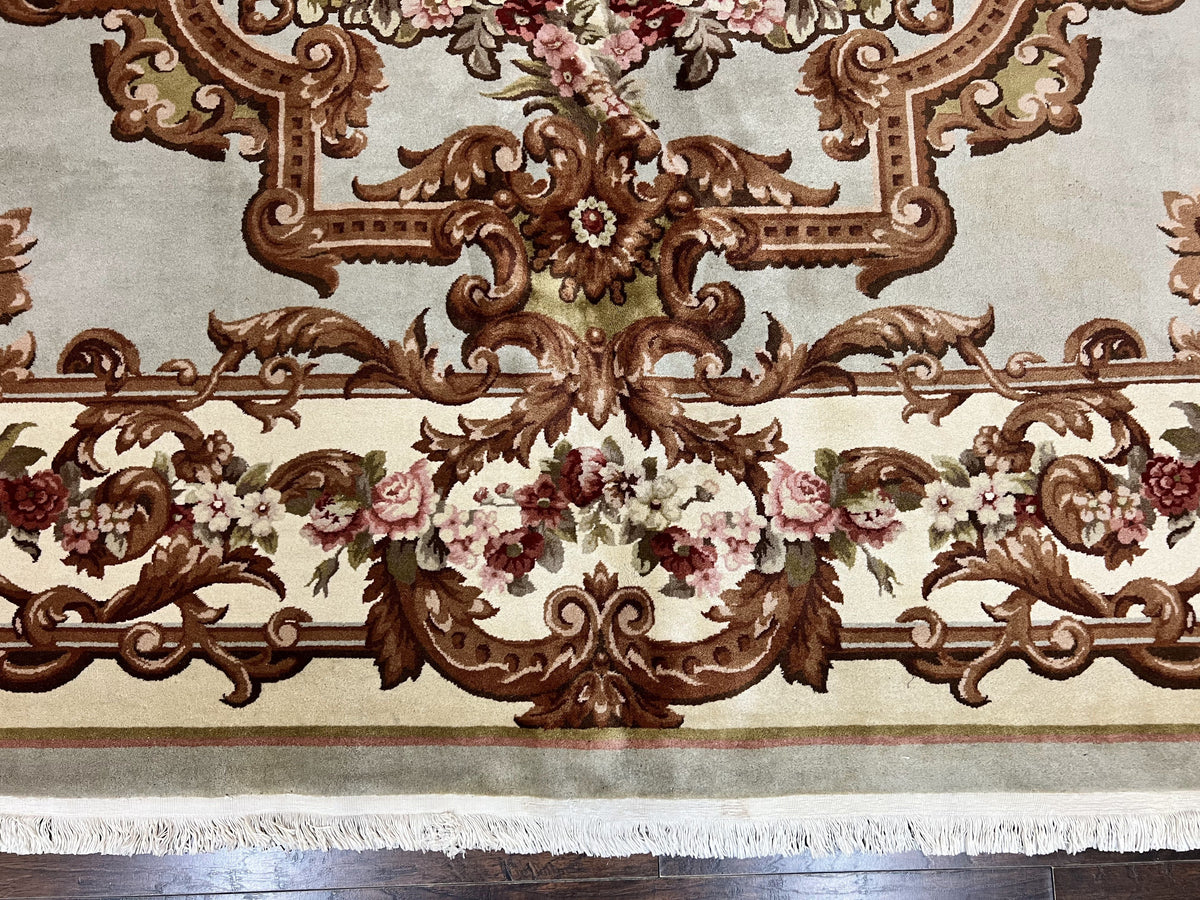 Aubusson Rug 10x13, Cream and Light Mint Green Hand Knotted Handmade French Savonnerie European Carpet, Wool Pile, Large Room Sized Vintage