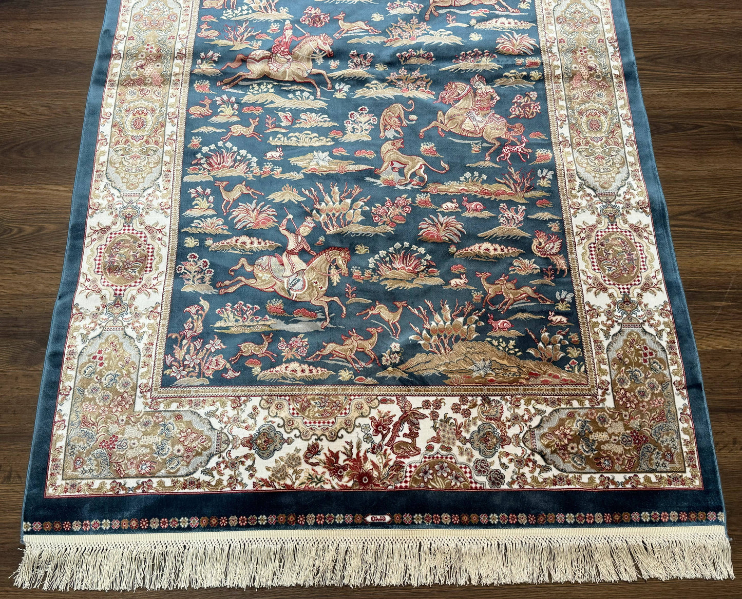 Turkish Silk Hunting Design Rug 4x6, Dark Steel Blue & Ivory, Bamboo Silk, New - Nuvé
