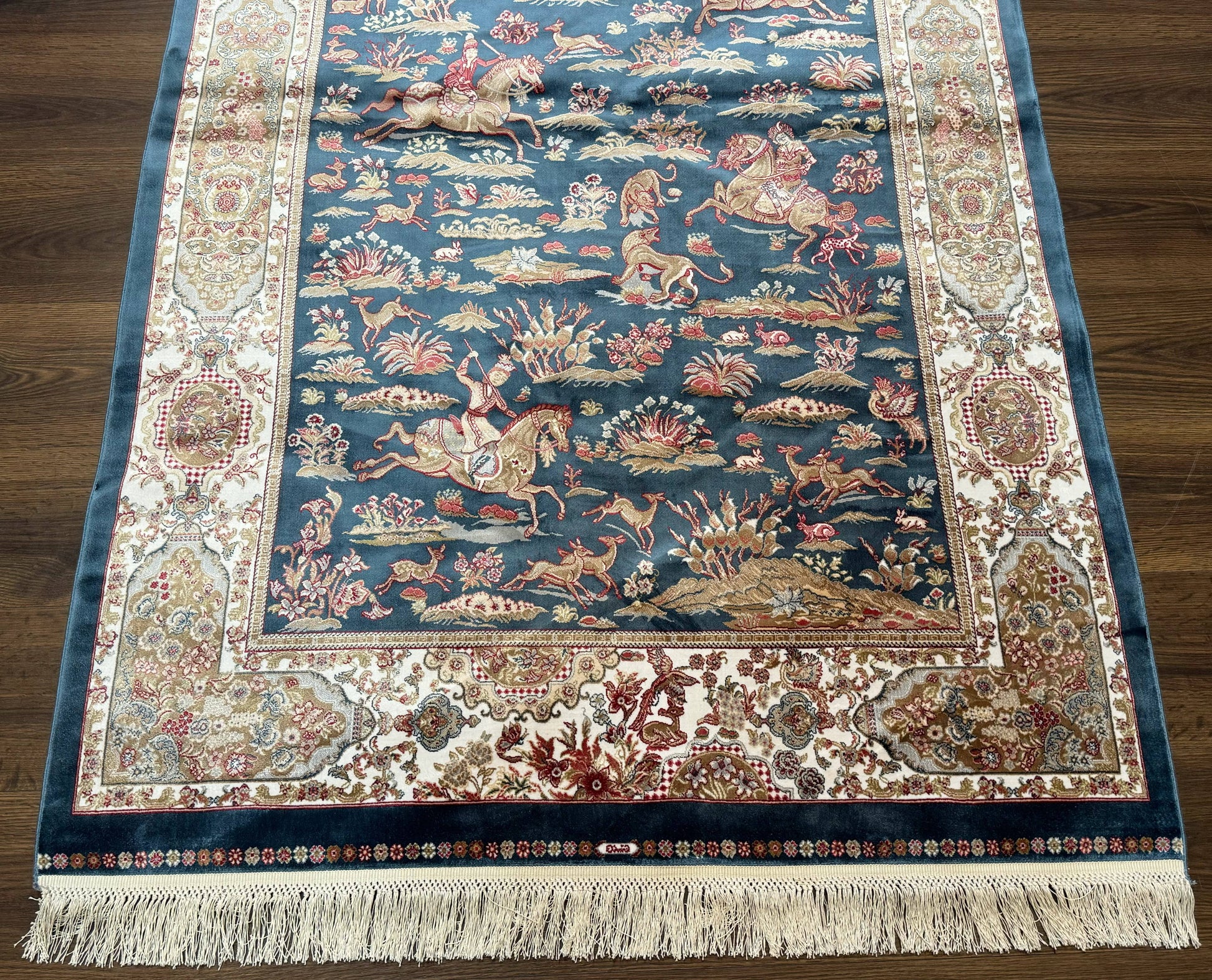 Turkish Silk Hunting Design Rug 4x6, Dark Steel Blue & Ivory, Bamboo Silk, New - Nuvé
