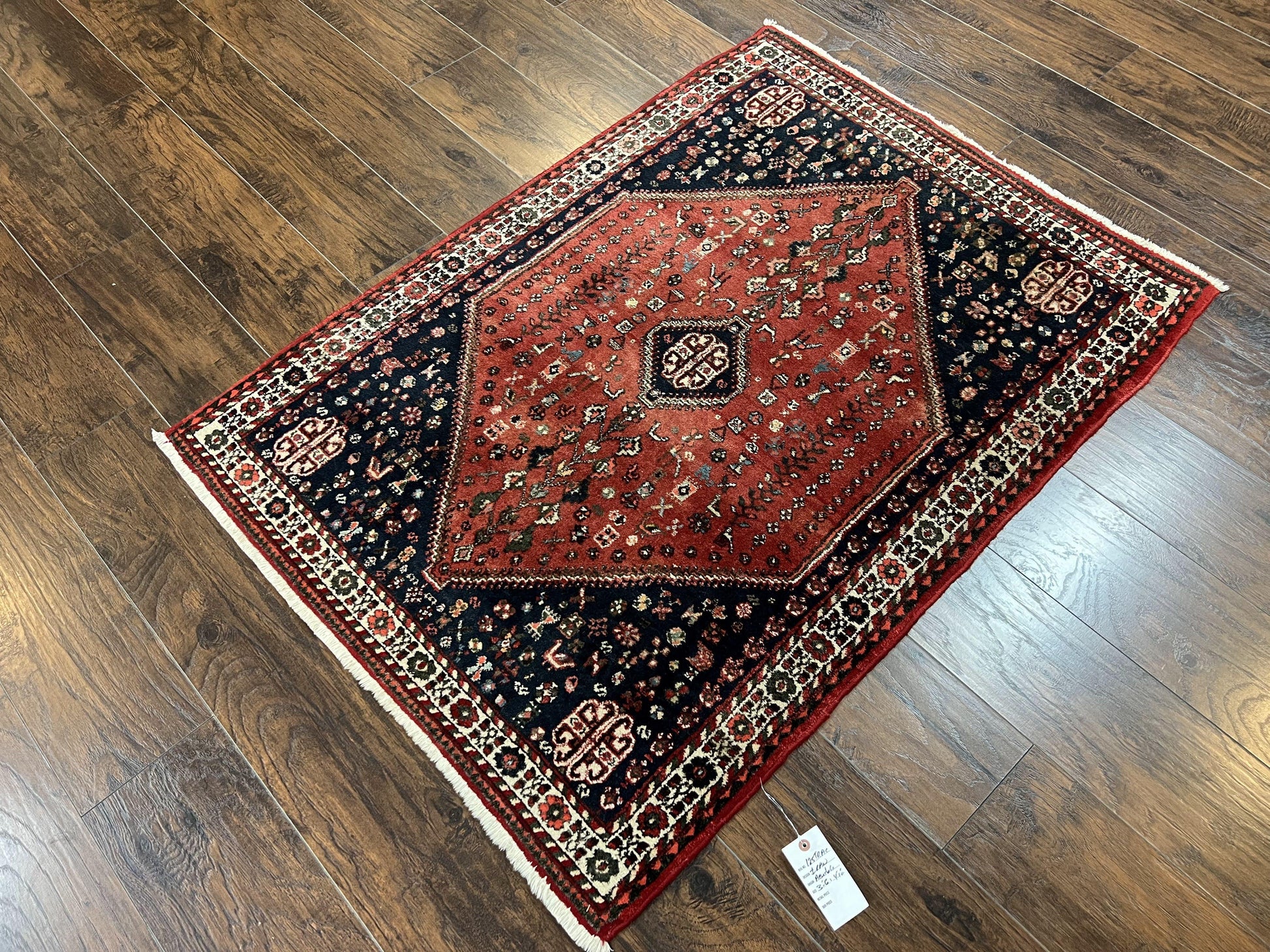 Persian Tribal Rug 3.6 x 5 ft, Persian Abadeh Rug, Geometric Medallion Bird Motifs, Red and Navy Blue Hand Knotted Handmade Wool Vintage Oriental Carpet - Nuvé