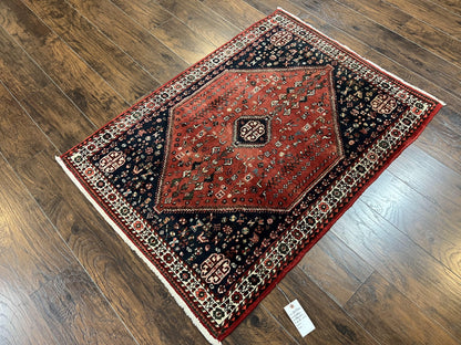Persian Tribal Rug 3.6 x 5 ft, Persian Abadeh Rug, Geometric Medallion Bird Motifs, Red and Navy Blue Hand Knotted Handmade Wool Vintage Oriental Carpet - Nuvé