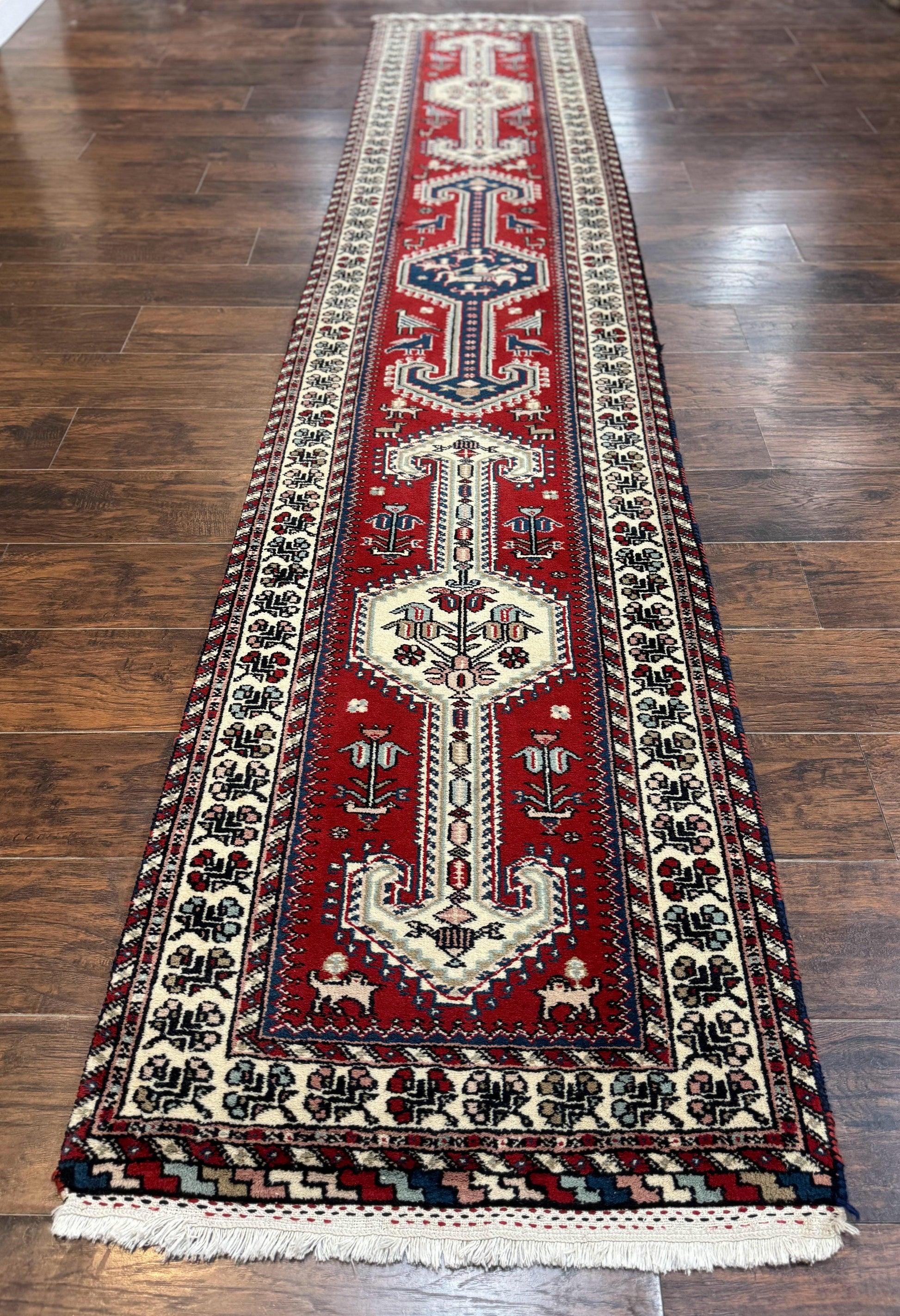 Indo Persian Runner Rug 2.6 x 12, Heriz Geometric Caucasian Design, Animal Pictorials, Tribal Runner Rug, Vintage Handmade Wool Red - Nuvé