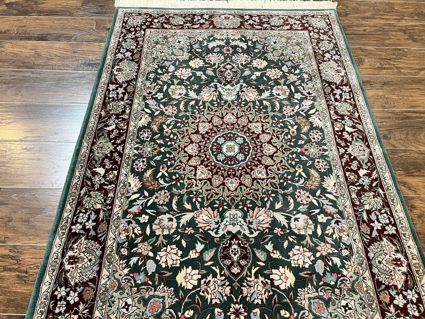 Pak Persian Rug 4x6, Wool Hand Knotted Vintage Carpet, Dark Green, Floral Medallion, Fine Oriental Rug - Nuvé