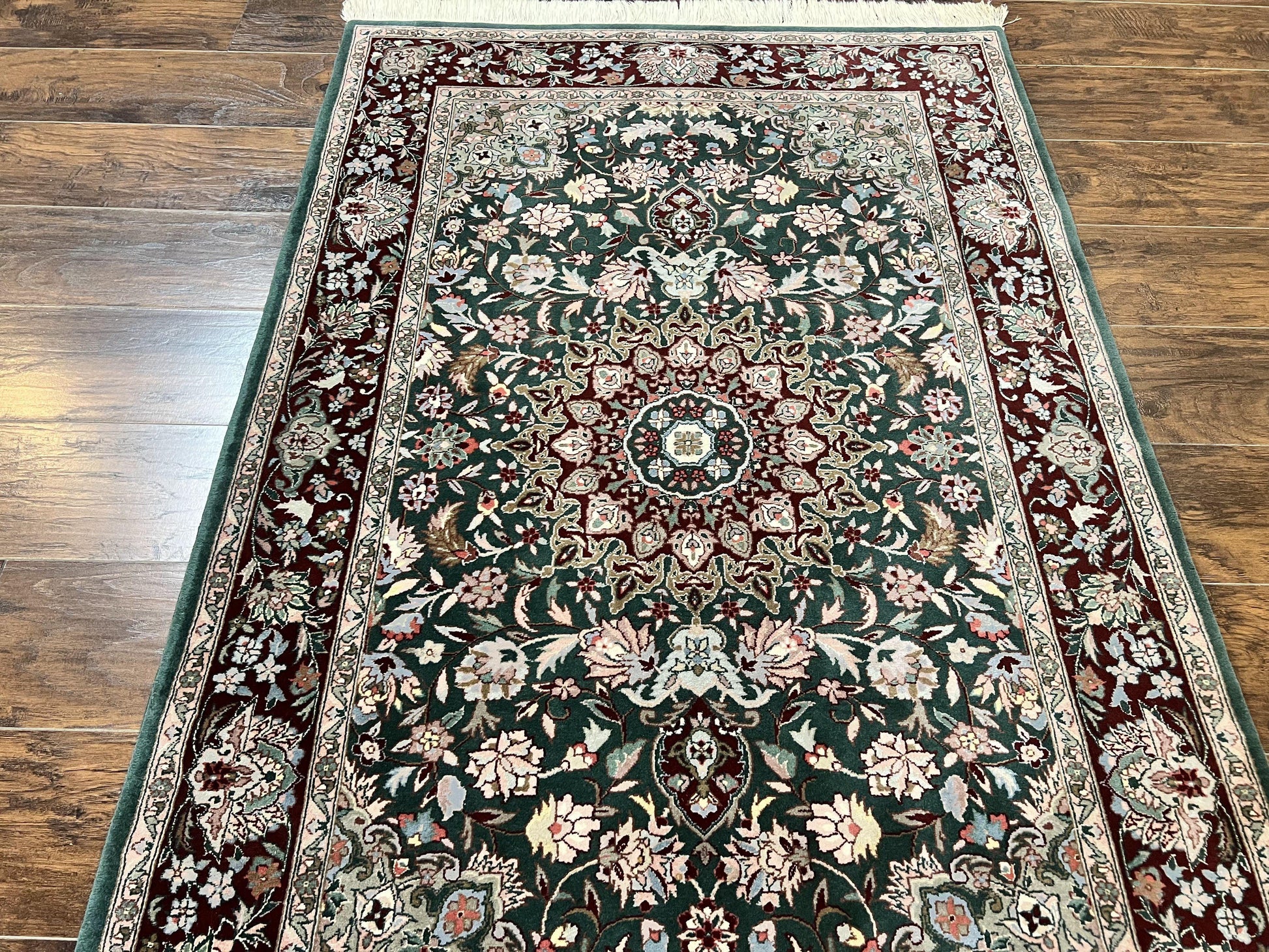 Pak Persian Rug 4x6, Wool Hand Knotted Vintage Carpet, Dark Green, Floral Medallion, Fine Oriental Rug - Nuvé