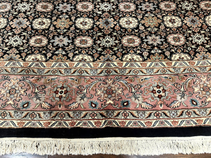 Indo Persian Rug 9x12, Vintage Handmade Wool Carpet, Repeated Allover Motif, Navy Blue and Pink - Nuvé