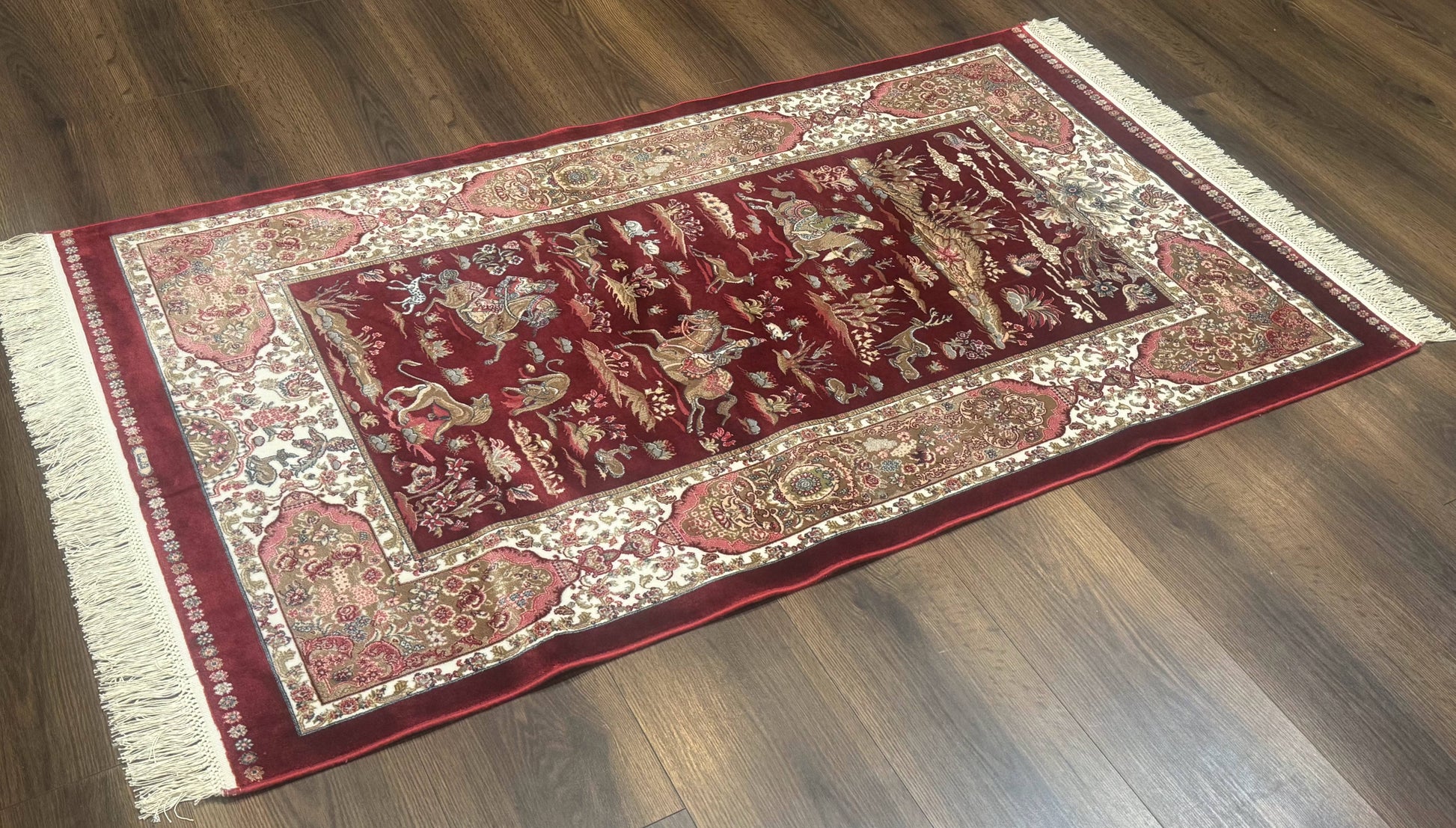 Turkish Silk Rug 3x5, Hunting Design, Dark Red & Ivory, Bamboo Silk, New - Nuvé