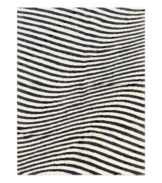 Vintage Zebra Stripes Shag Rug 5.7 x 7.4, Black and White, Retro, Wool