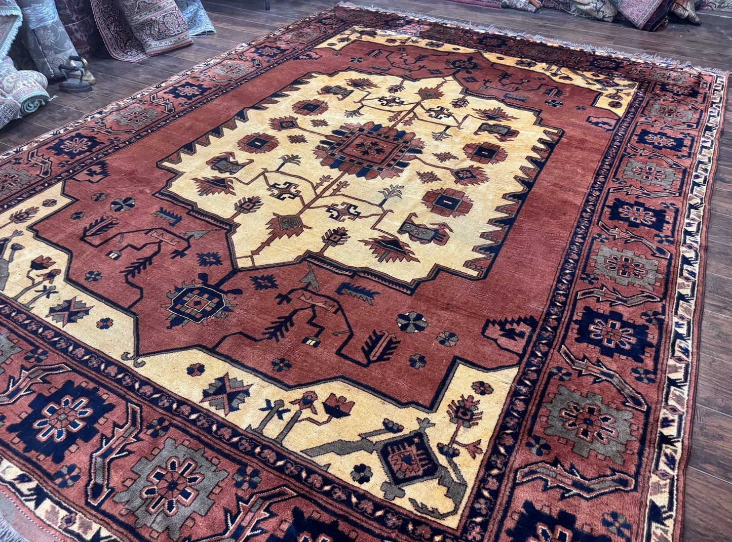Afghan Heriz Rug 9x12, Tribal Geometric Serapi Carpet, Rust Cream and Navy, Wool on Wool - Nuvé