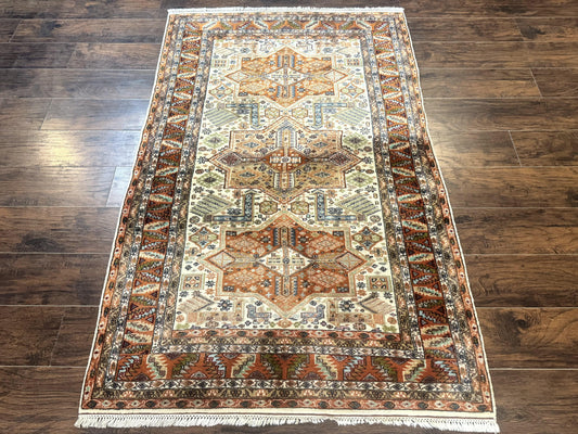 Turkish Kazak Rug 4x6, Geometric Medallions, Vintage Handmade Wool Carpet - Nuvé