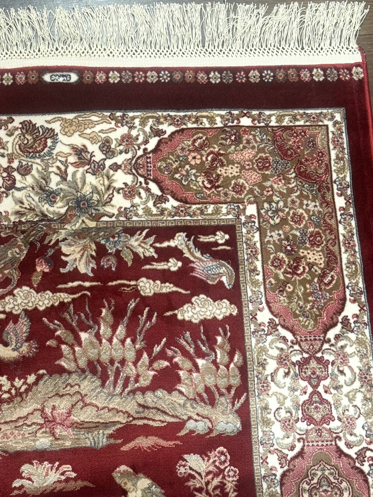 Turkish Silk Rug 2.6 x 6.7, Hunting Design, Short Runner Rug, Red & Ivory, Bamboo Silk, New - Nuvé