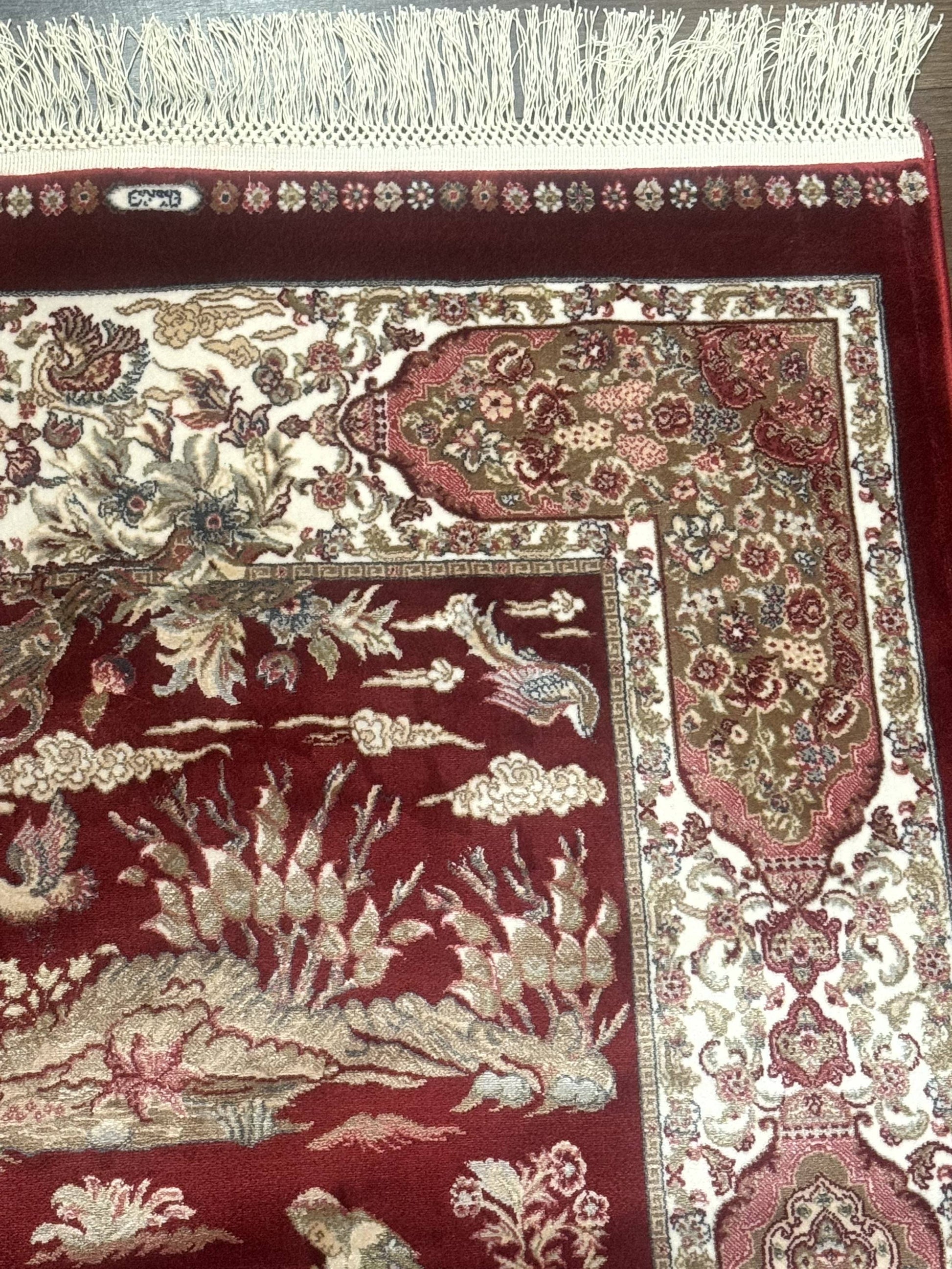 Turkish Silk Rug 2.6 x 6.7, Hunting Design, Short Runner Rug, Red & Ivory, Bamboo Silk, New - Nuvé