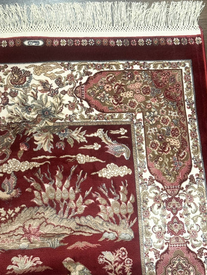 Turkish Silk Rug 2.6 x 6.7, Hunting Design, Short Runner Rug, Red & Ivory, Bamboo Silk, New - Nuvé