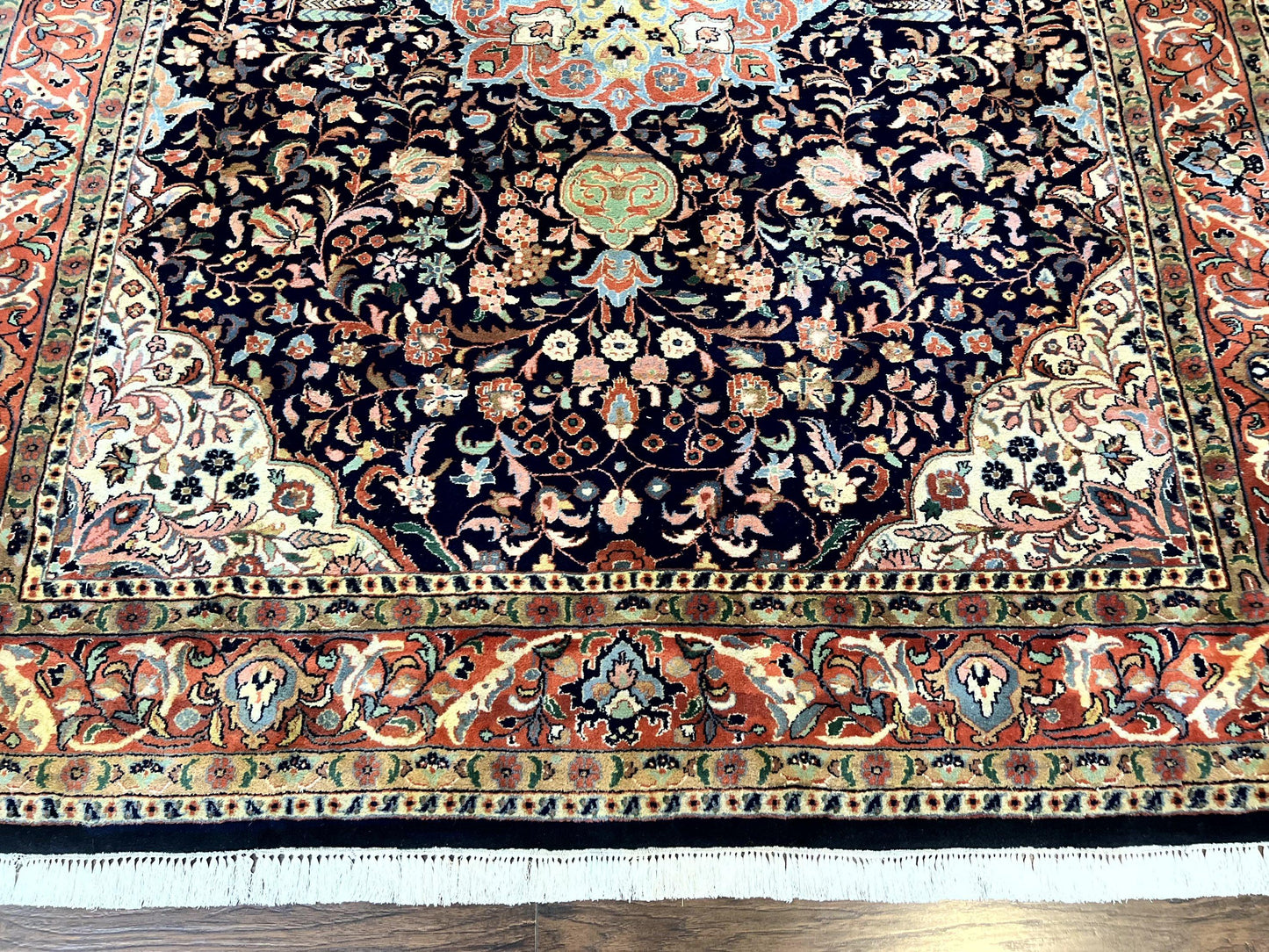 Indo Persian Rug 8x10, Midnight Blue & Red, Handmade Vintage Wool Carpet, Floral Medallion - Nuvé