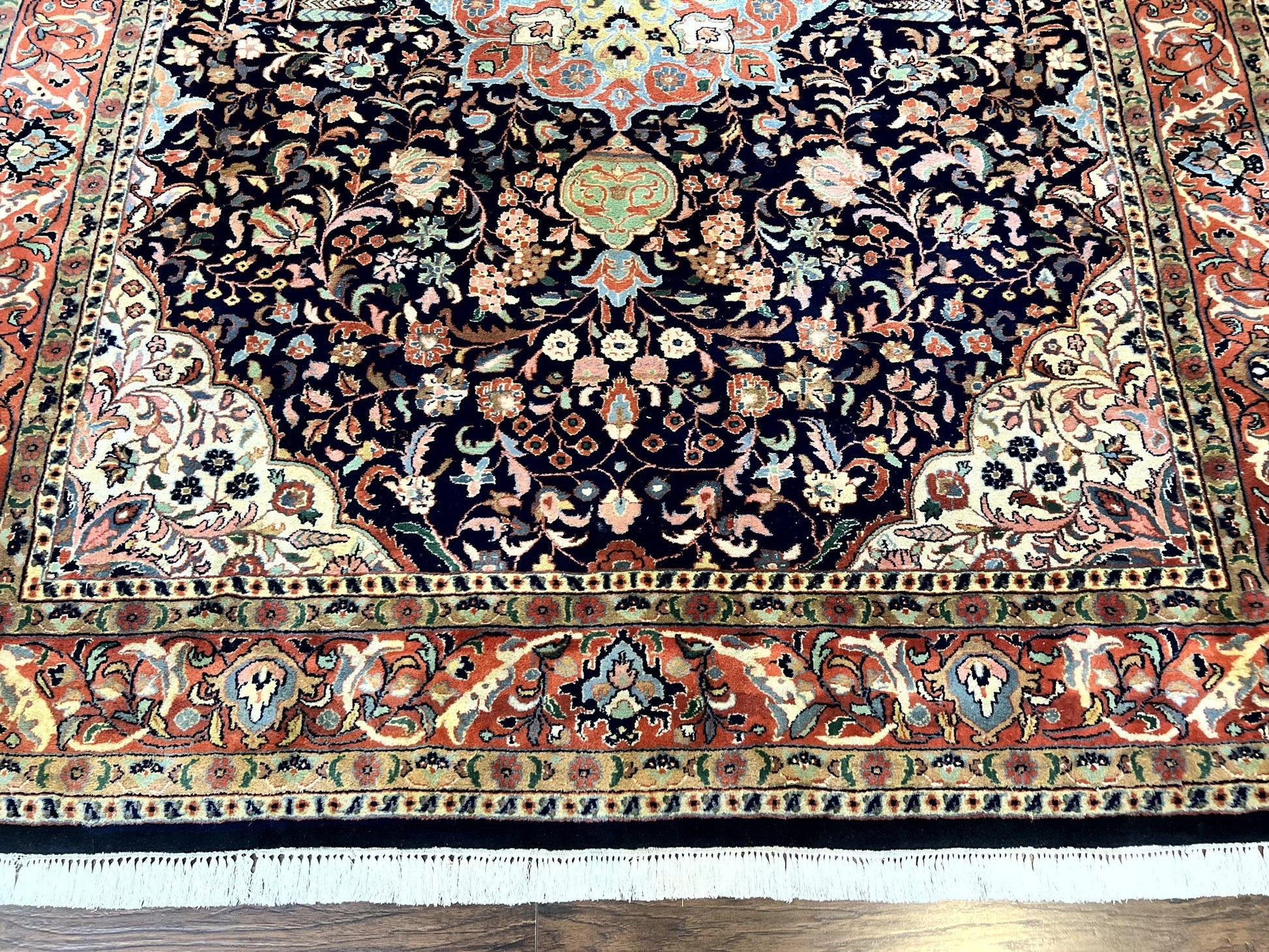 Indo Persian Rug 8x10, Midnight Blue & Red, Handmade Vintage Wool Carpet, Floral Medallion - Nuvé