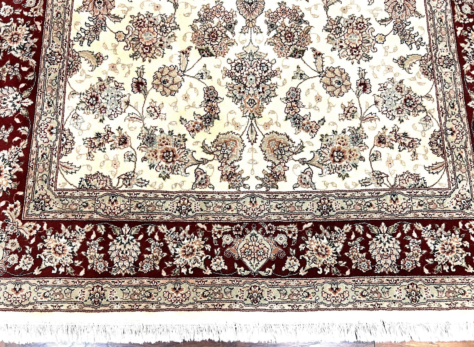 Pak Persian Rug 6x9, Floral Allover Carpet 6 x 9 ft, Cream and Maroon Hand Knotted Wool and Silk Fine Oriental Rug, Traditional Vintage Rug - Nuvé