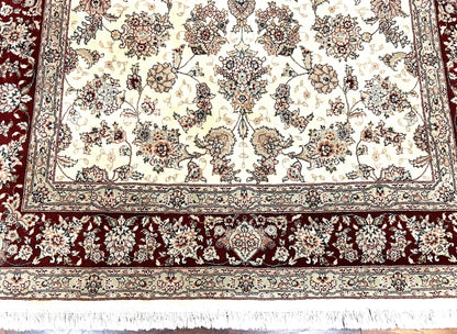 Pak Persian Rug 6x9, Floral Allover Carpet 6 x 9 ft, Cream and Maroon Hand Knotted Wool and Silk Fine Oriental Rug, Traditional Vintage Rug - Nuvé
