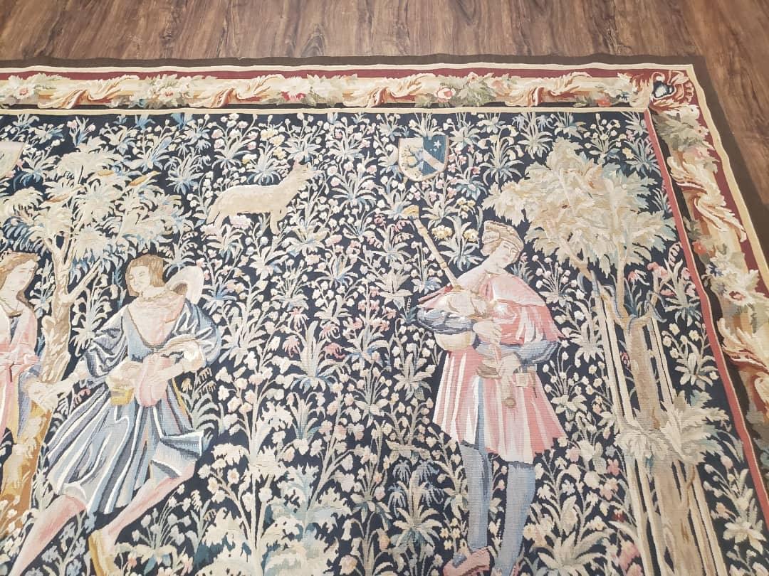 Vintage European Tapestry 5.4 x 7.11, Antique Style European Wall Hanging, Aubusson Weave Handmade Tapestry, Courtship Dating Scene, Animals - Nuvé