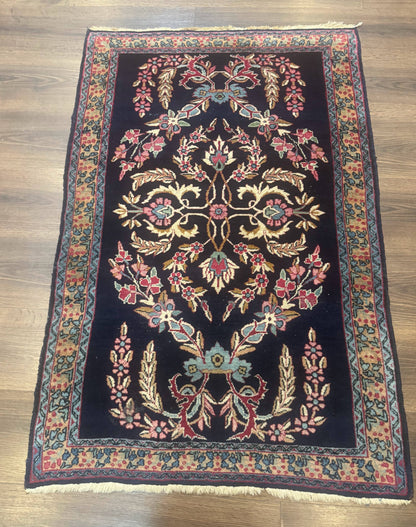 Antique Persian Kerman Rug 2.8 x 4, Navy Blue, Floral